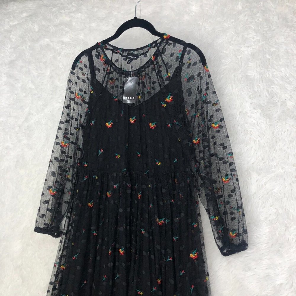 torrid Black Sheer Midi Dress with Colorful Floral Embroidery - Picture 4 of 16